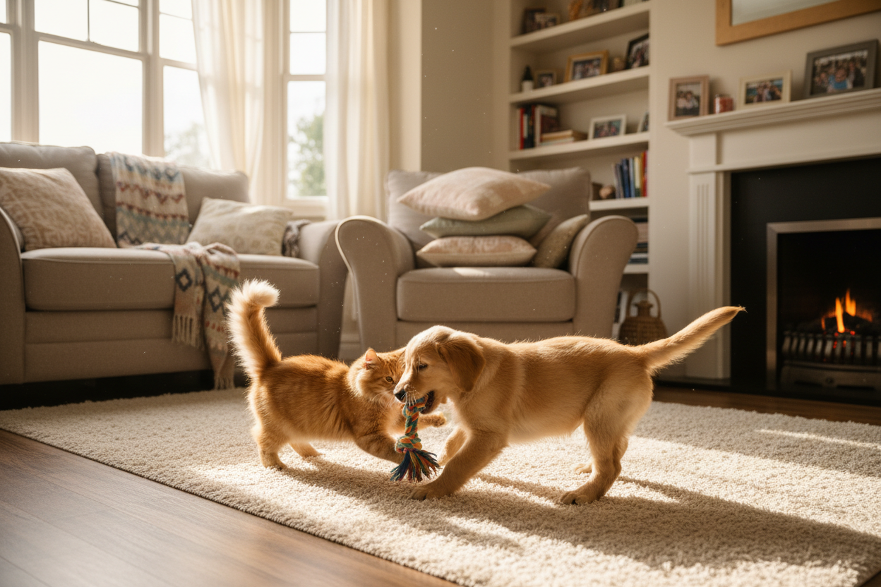 chien chat qui joue dans une maison
